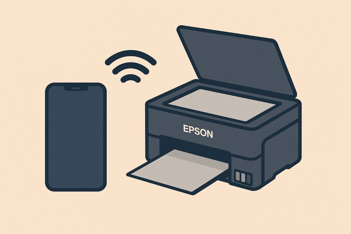 Epson Smart Panel 앱을 사용해 스마트폰과 Epson 프린터를 Wi-Fi로 연결해 인쇄와 스캔을 수행하는 모습을 표현한 미니멀한 이미지, Epson WorkForce와 EcoTank 시리즈 모바일 인쇄