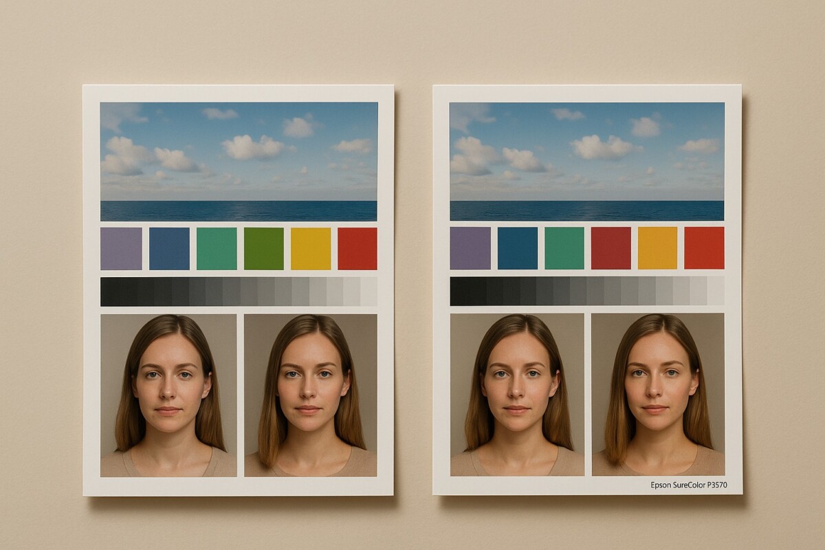 Epson SureColor P9570 색상 정확도 비교 테스트, ICC 프로파일 적용 전후 인쇄물의 색상 정확도와 명암 차이를 비교한 장면, Epson Edge Print 환경 출력 샘플