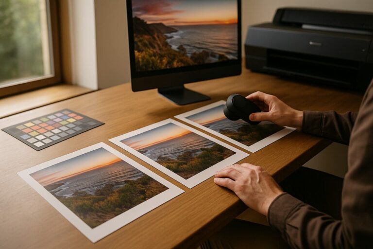 Epson SureColor 사진 인쇄 품질 비교. 프리미엄 인쇄 스튜디오에서 Epson SureColor 프린터로 출력된 사진 인화물을 비교하며 색상 정확도와 품질을 평가하는 장면, 자연광이 비치는 고급스러운 작업 공간