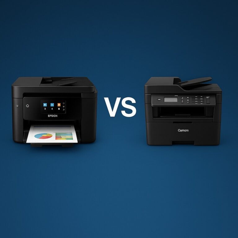 Epson vs Canon 플로터를 나란히 배치한 비교 장면, 두 브랜드의 출력 품질과 색상 정확도 차이를 표현한 실사형 이미지