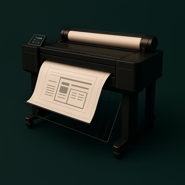 HP DesignJet T2600 MFP 복합기 플로터 – 출력 중인 설계 도면을 보여주는 세련된 장비 이미지