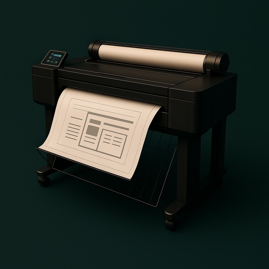 HP DesignJet T2600 MFP 복합기 플로터 – 출력 중인 설계 도면을 보여주는 세련된 장비 이미지