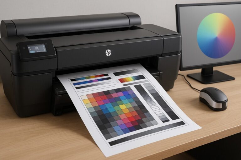 HP DesignJet Z9 PostScript 프린터, ICC 컬러 매칭과 출력 품질 최적화를 위한 컬러 차트 인쇄 장면, 전문가용 포토그래픽 출력 설정 가이드