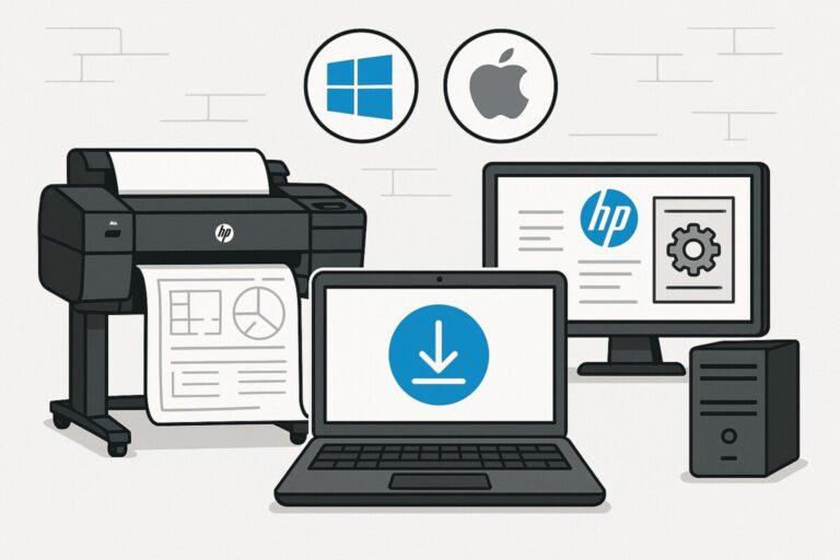HP DesignJet 드라이버 설치 과정을 보여주는 이미지로, 노트북과 데스크탑 화면에 HP 로고와 다운로드 아이콘이 표시된 장면