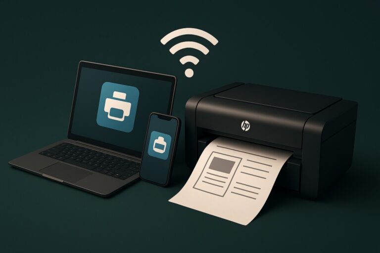 HP Smart App 무선 인쇄 설정 – 노트북과 스마트폰이 HP 프린터와 Wi-Fi로 연결된 장면