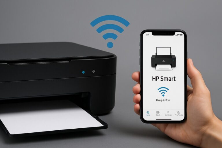 HP Smart App 설치로 Wi-Fi 기반 원격 인쇄 환경을 구축하는 모습, HP 프린터와 스마트폰이 무선으로 연결된 장면