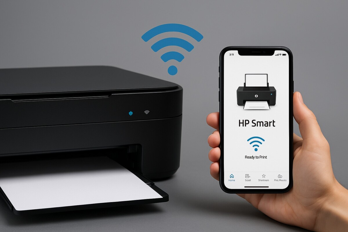 HP Smart App 설치로 Wi-Fi 기반 원격 인쇄 환경을 구축하는 모습, HP 프린터와 스마트폰이 무선으로 연결된 장면