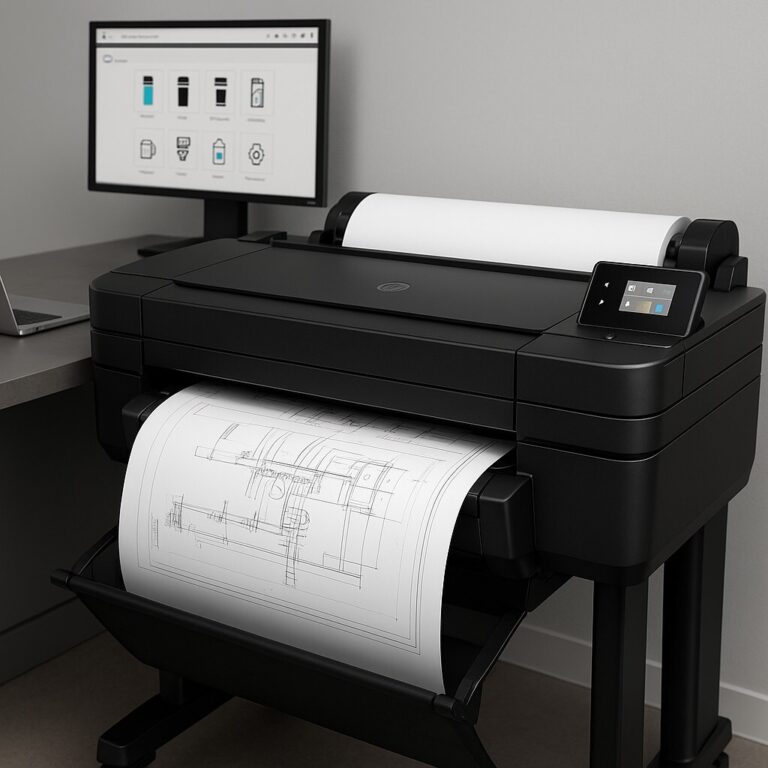 HP Utility 플로터 유지보수 가이드, HP DesignJet 플로터가 도면을 출력하며 모니터에서 HP Utility 관리 화면이 표시된 사무실 장면