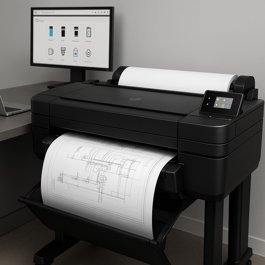 HP Utility 플로터 유지보수 가이드, HP DesignJet 플로터가 도면을 출력하며 모니터에서 HP Utility 관리 화면이 표시된 사무실 장면