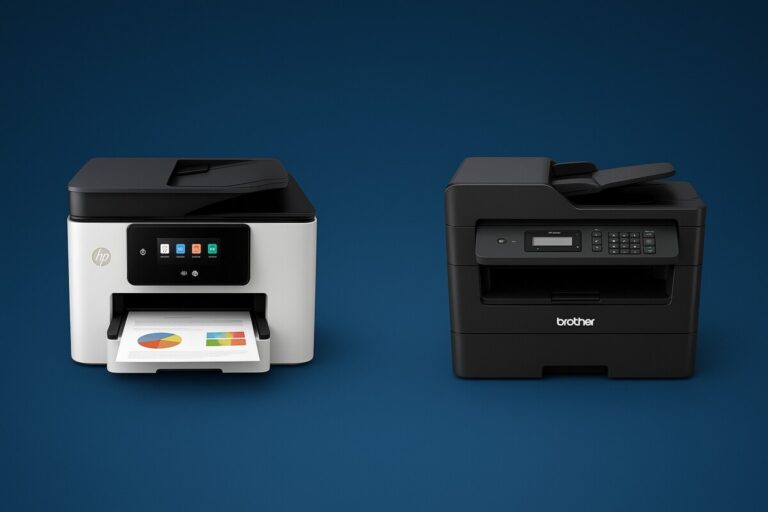 HP vs Brother 프린터를 나란히 배치한 이미지, 유지비와 효율성을 비교하는 상황을 표현한 세련된 스튜디오 장면