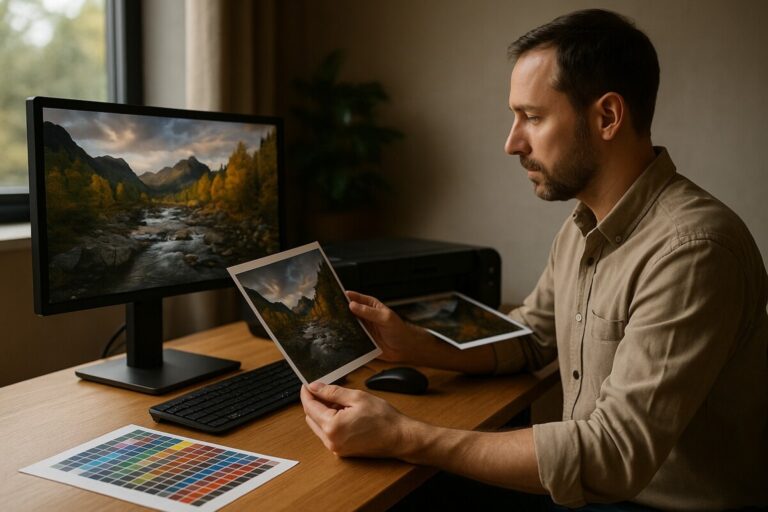 ICC 프로파일 설정으로 Canon과 Epson 프린터 색상을 비교하며 교정 중인 전문가의 작업 공간, 모니터와 인쇄물이 나란히 놓인 자연광 스튜디오, 프리미엄한 분위기
