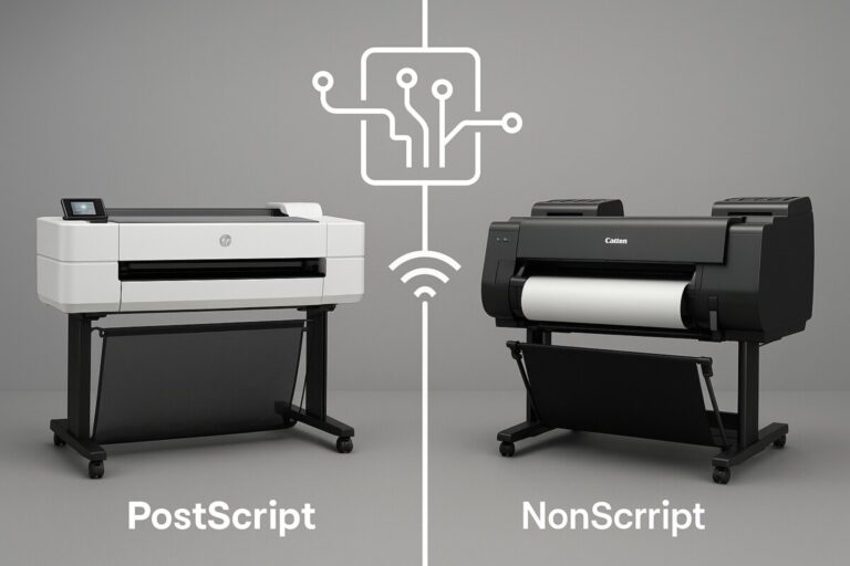 PostScript 모델과 비PostScript 모델을 비교한 플로터 장비 장면