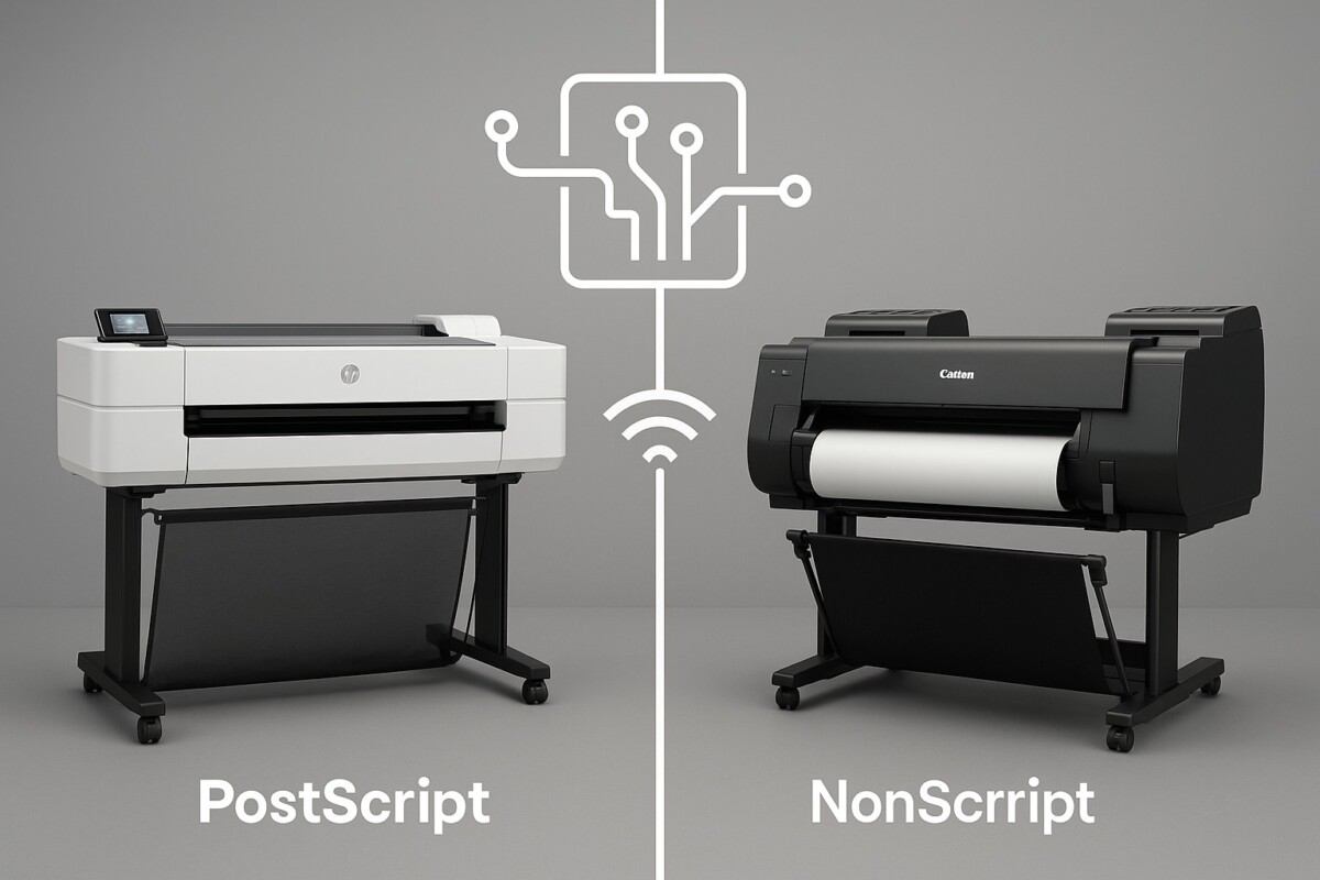 PostScript 모델과 비PostScript 모델을 비교한 플로터 장비 장면