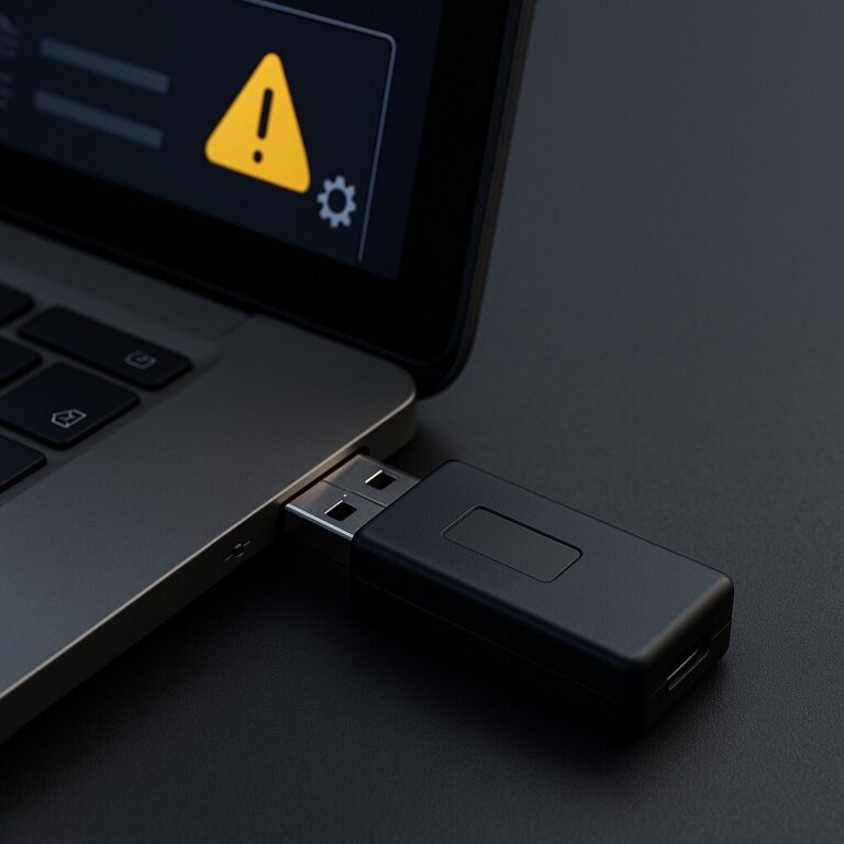 USB 인식 오류 복구를 상징하는 이미지. 노트북 USB 포트에 연결된 플래시 드라이브와 경고 표시가 보이며, 드라이버 재설치와 포트 점검을 통한 인식 오류 해결 과정