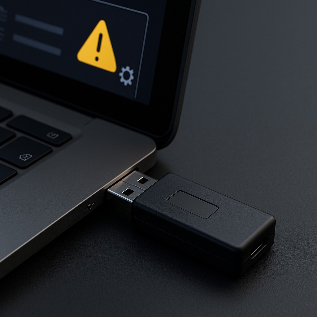 USB 인식 오류 복구를 상징하는 이미지. 노트북 USB 포트에 연결된 플래시 드라이브와 경고 표시가 보이며, 드라이버 재설치와 포트 점검을 통한 인식 오류 해결 과정