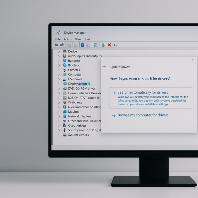 Windows 드라이버 오류 해결, 장치 관리자에서 드라이버 업데이트 및 복구 과정을 보여주는 시스템 관리 화면 이미지