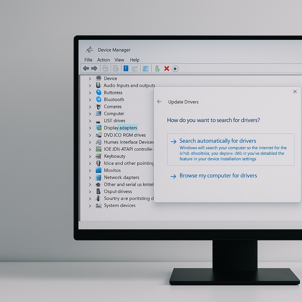 Windows 드라이버 오류 해결, 장치 관리자에서 드라이버 업데이트 및 복구 과정을 보여주는 시스템 관리 화면 이미지