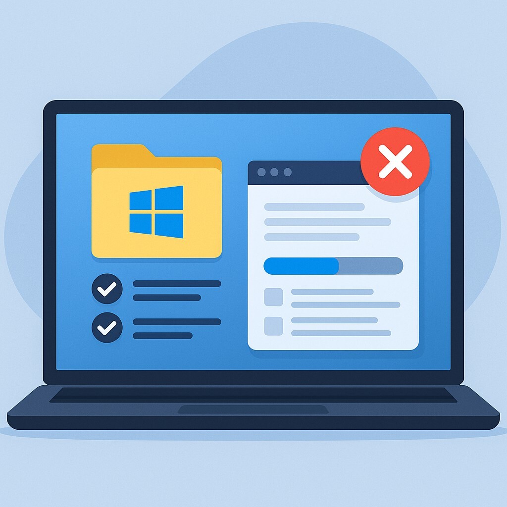 Windows 파일 탐색기 오류 복구를 상징하는 이미지. 노트북 화면 속 폴더 아이콘과 오류 표시