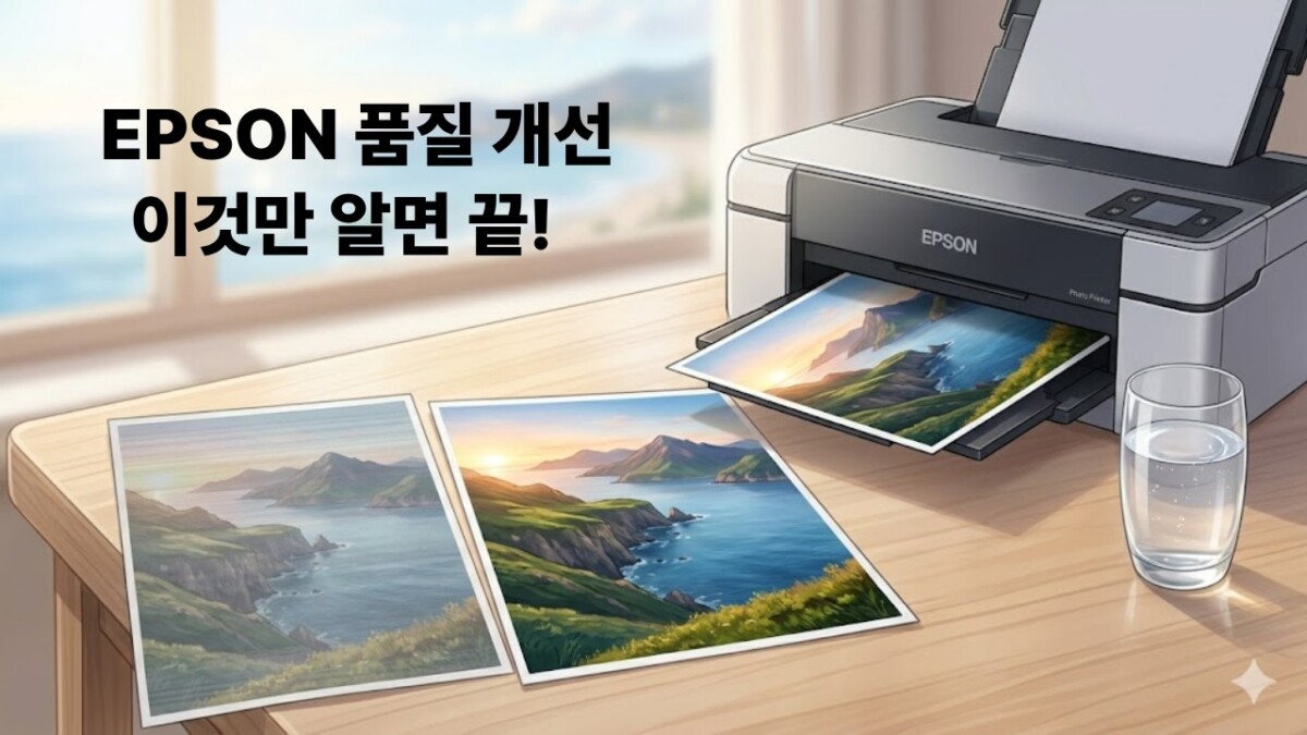 EPSON 포토 프린터 인쇄 품질 개선 전후의 확연한 차이를 보여주는 두 장의 사진이 나란히 놓인 세련된 일러스트.