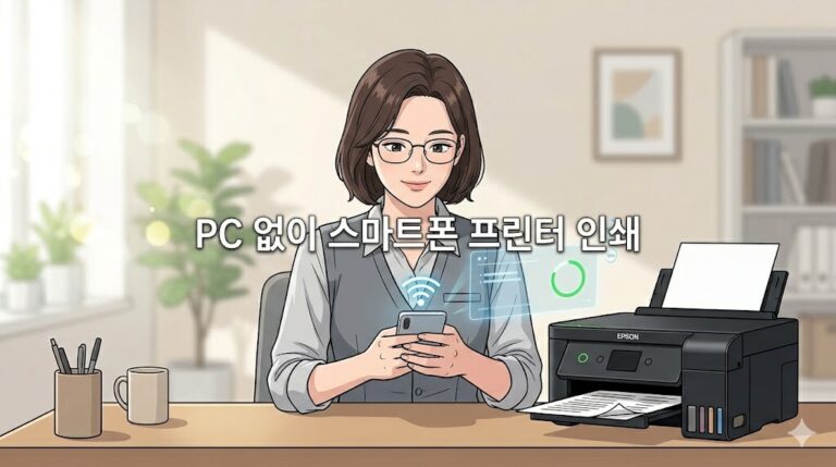 Epson Smart Panel 앱으로 스마트폰 인쇄 및 스캔 설정하기 타이틀 텍스트가 중앙에 배치된 무선 프린터 출력 일러스트