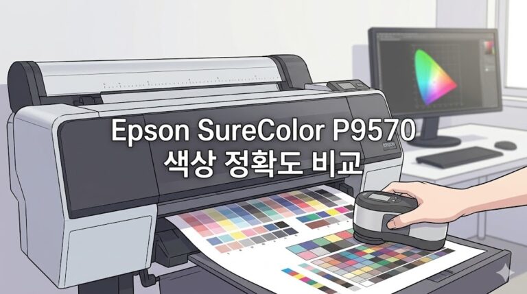 Epson SureColor P9570 색상 정확도 비교를 위해 대형 프린터에서 출력된 컬러 차트를 분광광도계로 정밀하게 측정 및 캘리브레이션하는 과정을 표현한 포스팅 대표 썸네일 이미지