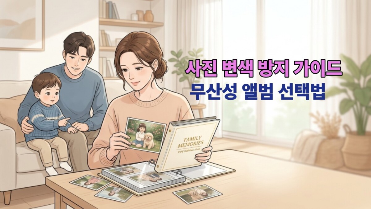 넓은 거실 창가 여백 아래에서 엄마와 아이가 무산성 앨범에 옛날 아날로그 사진을 정리하는 정갈한 웹툰풍 일러스