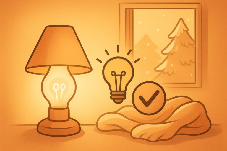 따뜻한 거실 조명 아래 전기장판과 조명기구가 어우러진 겨울 인테리어 장면,