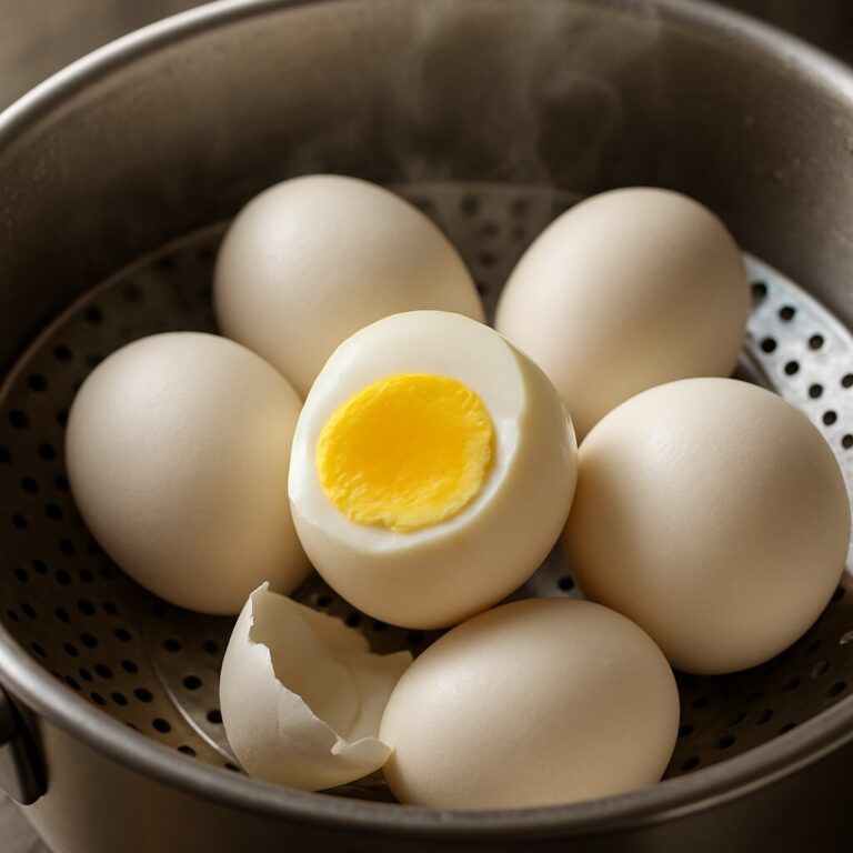 계란 껍질 쉽게 벗기는 법, 찜기에 올린 삶은 계란이 수증기 속에서 익는 장면, 껍질이 매끄럽게 벗겨질 준비가 된 모습, 따뜻한 자연광의 주방 분위기