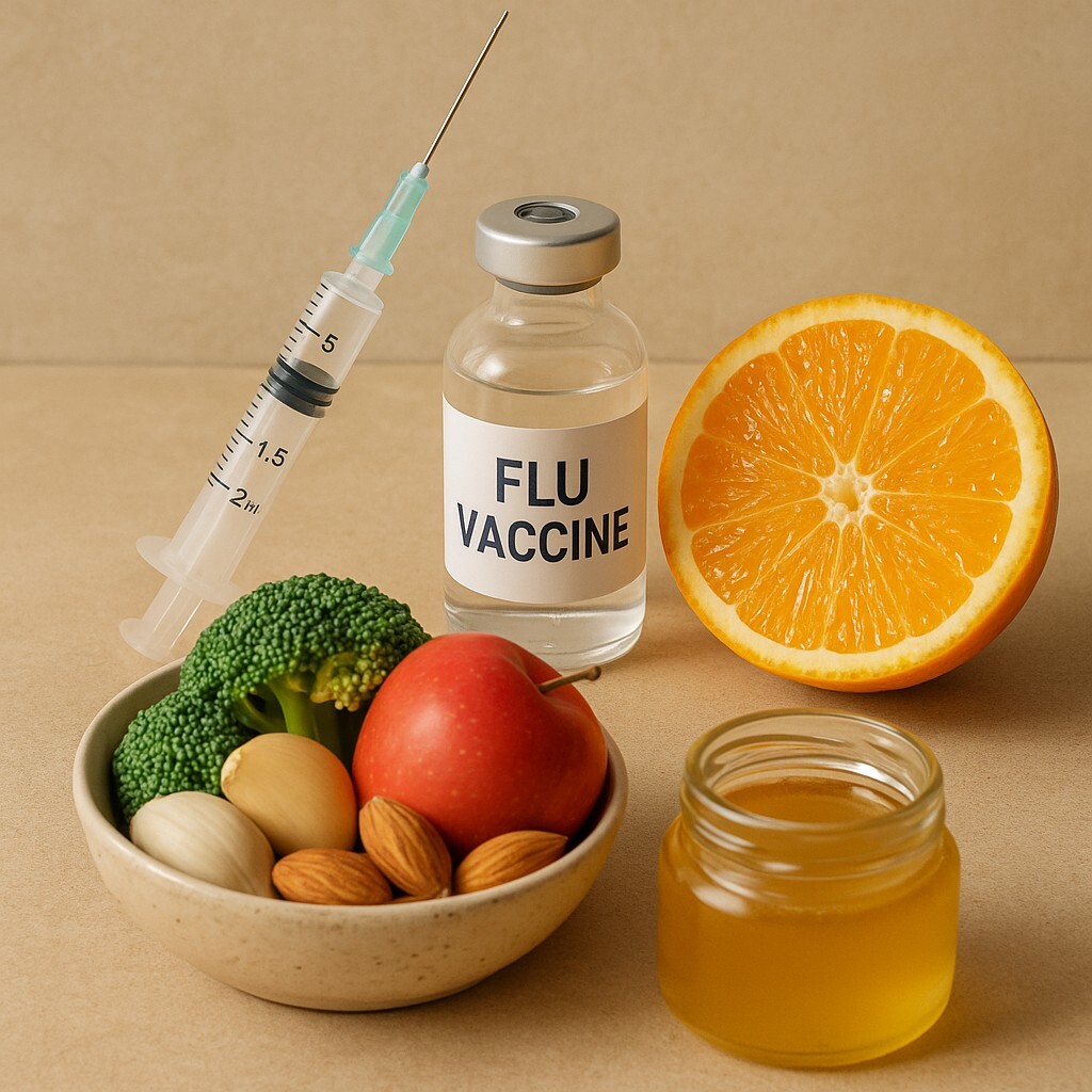 독감 예방접종과 면역 강화 습관을 상징하는 이미지 – 주사기와 백신, 비타민이 풍부한 오렌지와 과일, 브로콜리, 견과류, 꿀이 따뜻한 자연광 아래 조화롭게 배치된 건강한 겨울 준비 장면