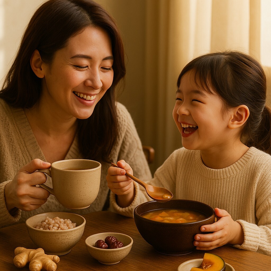 겨울철 식탁에서 엄마와 아이가 웃으며 따뜻한 식단으로 식사하는 장면