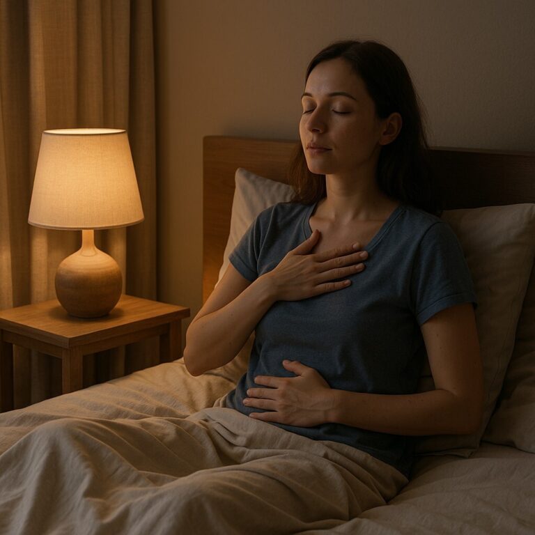 불면의 밤 - 따뜻한 조명 아래에서 깊게 호흡하며 수면을 준비하는 여성이 있는 밤의 실내 장면
