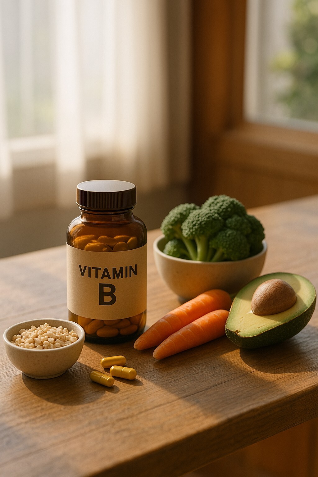 따뜻한 자연광이 비치는 나무 테이블 위에 비타민 B 영양제와 브로콜리, 아보카도, 당근, 통곡물이 놓인 고급스럽고 평온한 분위기의 현실적인 이미지