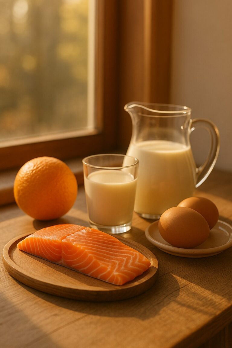 비타민 D와 면역력을 상징하는 이미지 – 창가의 자연광 아래 연어, 달걀, 우유, 오렌지가 놓인 따뜻하고 고급스러운 겨울 건강 식단 장면