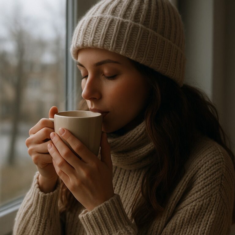 추운 날 창가에서 따뜻한 차를 마시며 온기를 느끼는 사람, 겨울 감성과 면역을 지키는 따뜻한 차를 마시는 장면