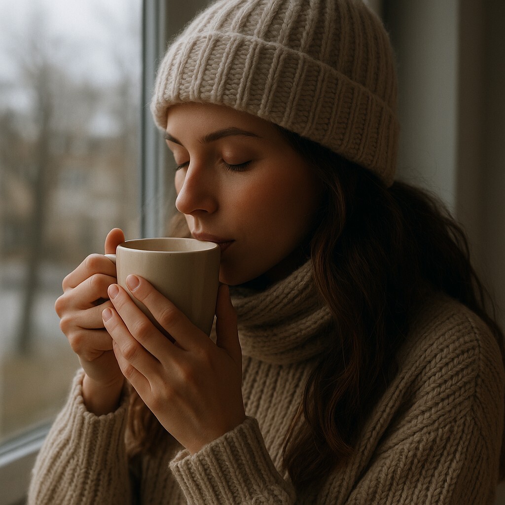 추운 날 창가에서 따뜻한 차를 마시며 온기를 느끼는 사람, 겨울 감성과 면역을 지키는 따뜻한 차를 마시는 장면