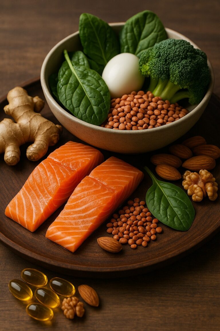 손발이 차가울 때 혈류를 깨우는 영양 조합 – 오메가3 캡슐, 시금치와 달걀, 견과류가 따뜻한 자연광 아래 놓인 겨울 건강 식단