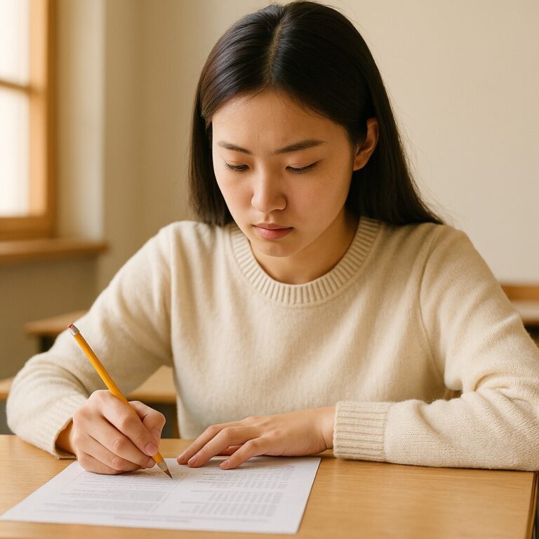 수능 당일 컨디션 관리 키워드 중심 이미지. 따뜻한 햇살 아래 교실에서 여학생이 시험 문제를 집중해서 푸는 모습, 차분하고 집중된 분위기.