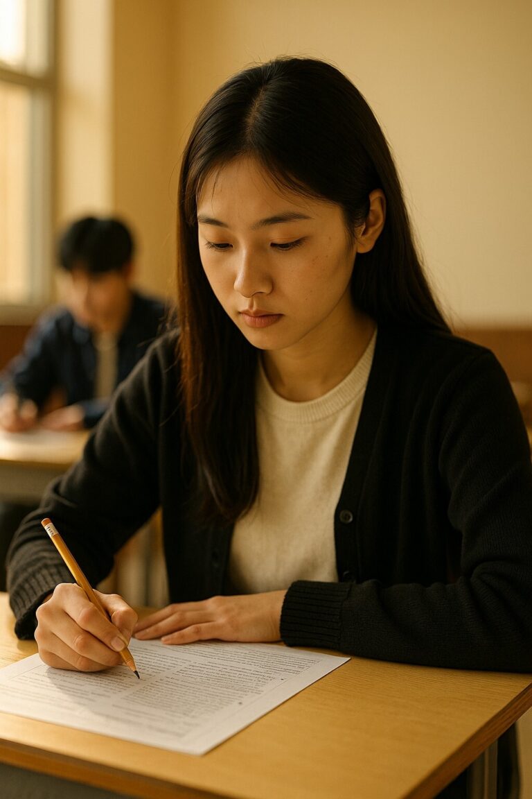 수능 집중력 향상 영양 루틴 키워드 중심 이미지. 교실에서 시험 문제를 풀며 집중하는 여학생의 모습, 따뜻한 자연광 아래 차분하고 몰입된 분위기.