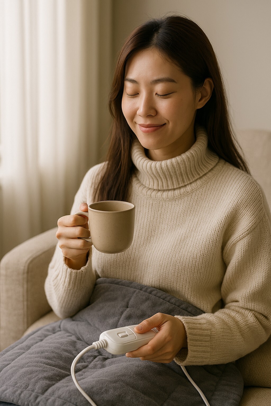 겨울 실내에서 따뜻한 전기요를 덮고 차를 마시며 휴식을 취하는 장면