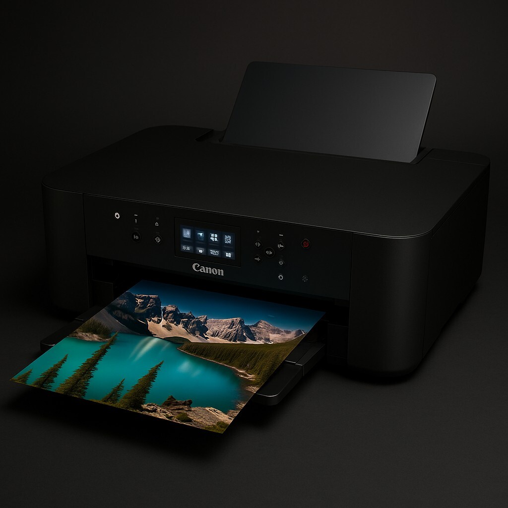 Canon PIXMA 프린터로 고품질 사진을 인쇄하는 장면 – 생생한 색감의 풍경 사진 출력, 부드러운 조명과 세련된 구성, 텍스트 없는 스타일