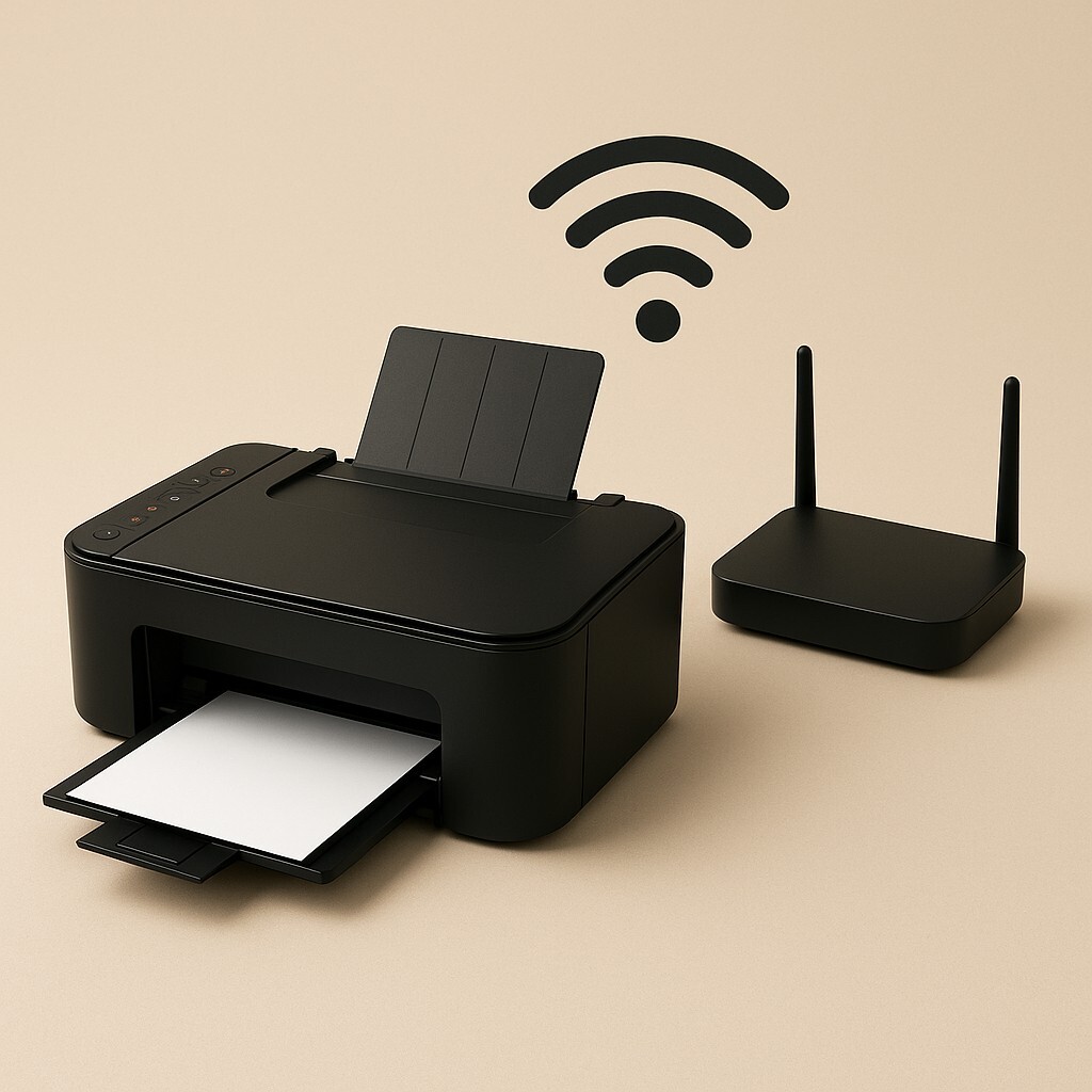 프린터 Wi-Fi 연결 오류복구 콘셉트 이미지, 부드러운 베이지 배경의 프리미엄 스타일