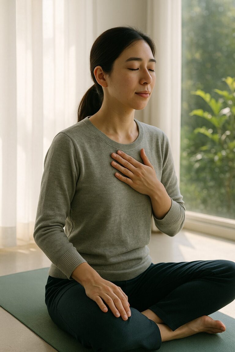 몸 균형 회복 루틴을 실천하는 여성이 고요한 자연광 속에서 명상 자세로 몸의 균형과 호흡을 안정시키는 모습.