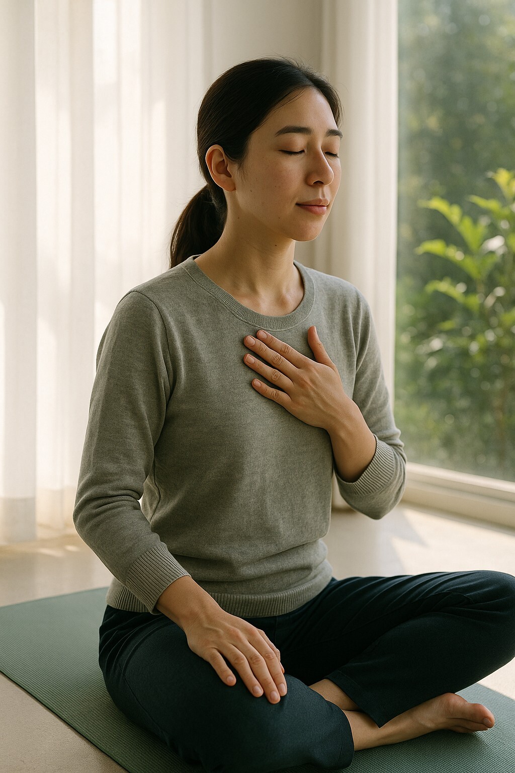 몸 균형 회복 루틴을 실천하는 여성이 고요한 자연광 속에서 명상 자세로 몸의 균형과 호흡을 안정시키는 모습.