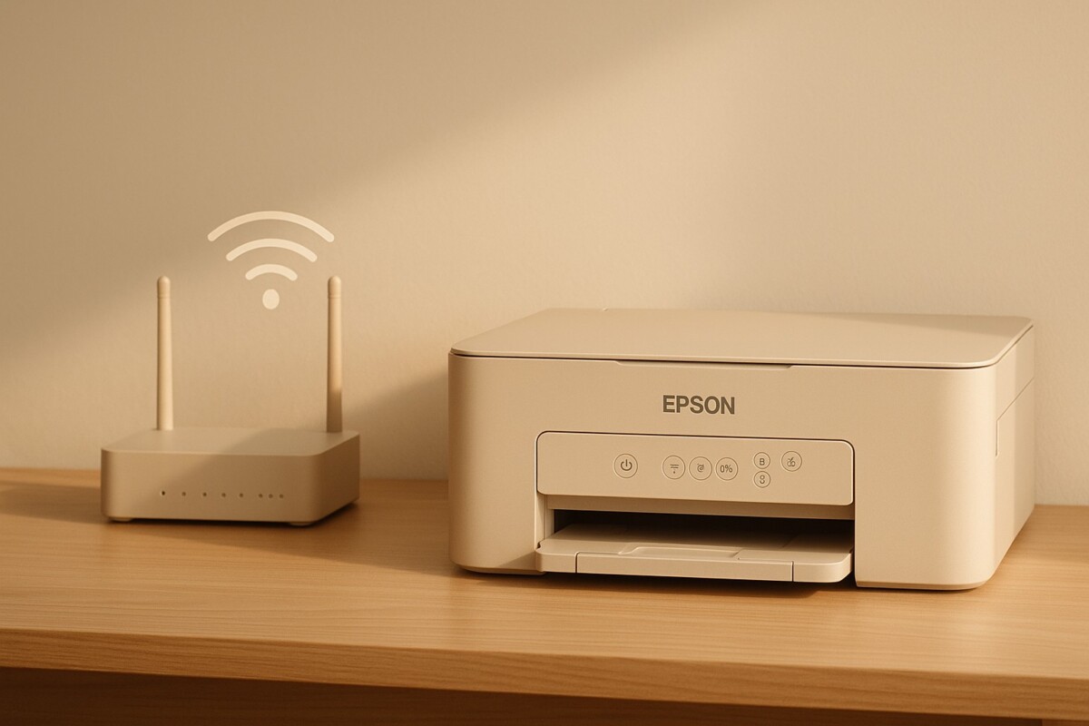 Epson Wi-Fi 끊김 해결, 공유기 2.4GHz 신호와 Epson 프린터가 연결되는 장면