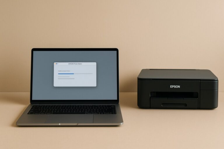 Epson 드라이버 재설치 과정에서 노트북과 Epson 프린터가 연결된 장면을 표현한 베이지 톤 기술 이미지