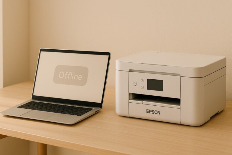 Epson 자동 인식 오류, 노트북이 Epson 프린터를 자동으로 인식하지 못하는 상황을 표현한 이미지