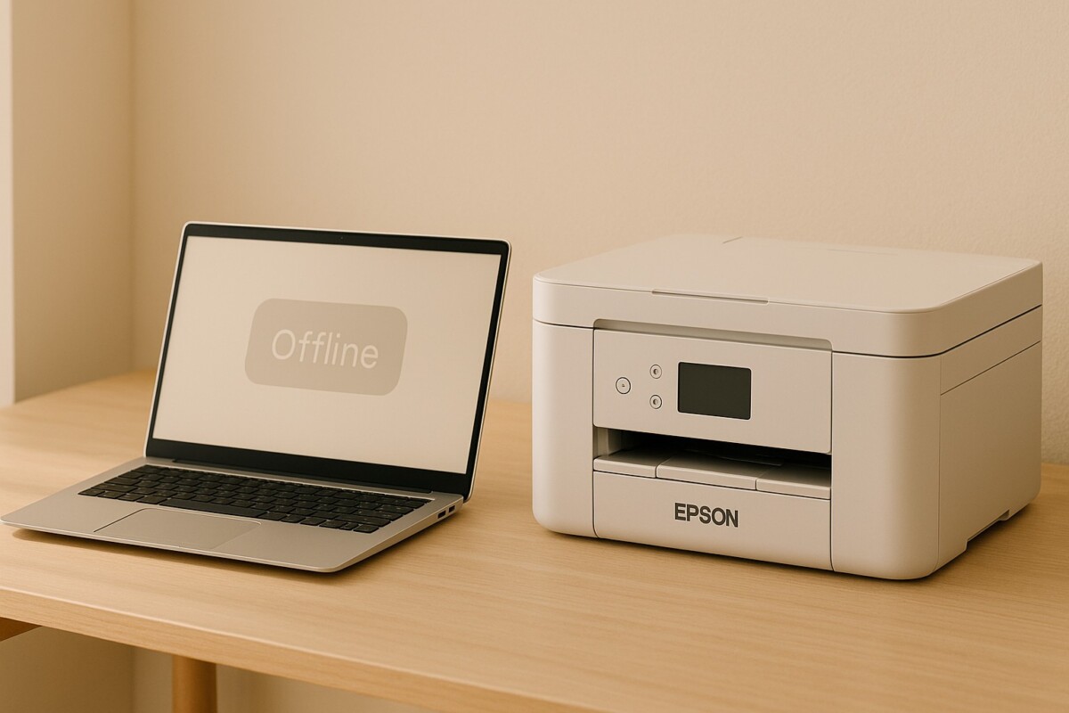 Epson 자동 인식 오류, 노트북이 Epson 프린터를 자동으로 인식하지 못하는 상황을 표현한 이미지