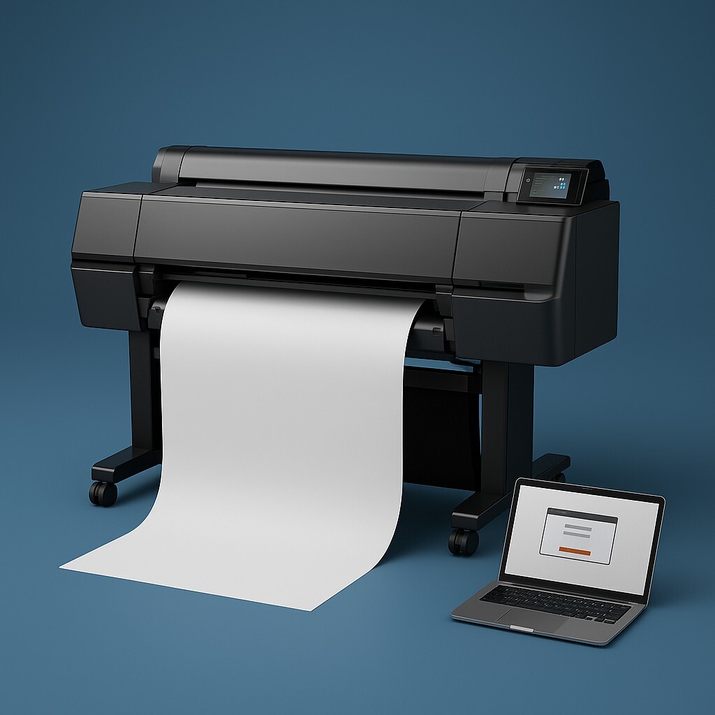 HP DesignJet T230 드라이버 설치 가이드 – 24인치 플로터가 노트북과 연결된 세련된 오피스 환경을 표현한 이미지