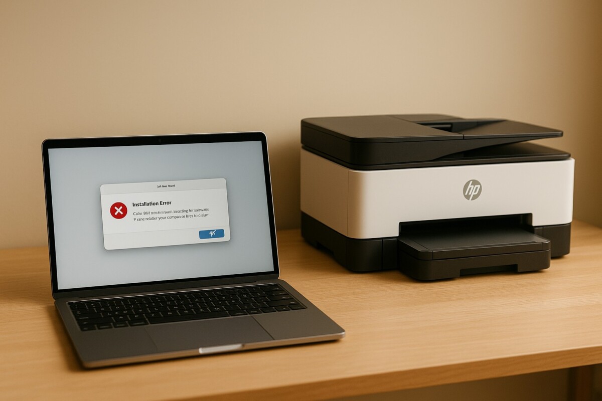 HP Easy Start 설치 오류 메시지를 확인하는 베이지 톤 작업 공간