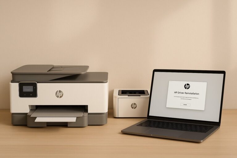 HP OfficeJet·LaserJet 드라이버 재설치 화면이 열린 노트북과 HP 프린터가 작업 공간에 배치된 모습